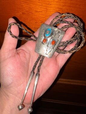 Southwestern Silver 925 Bolo Tie with Turquoise & Coral Stones